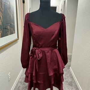 B Darlin Wine Long Sleeve Layered Dress